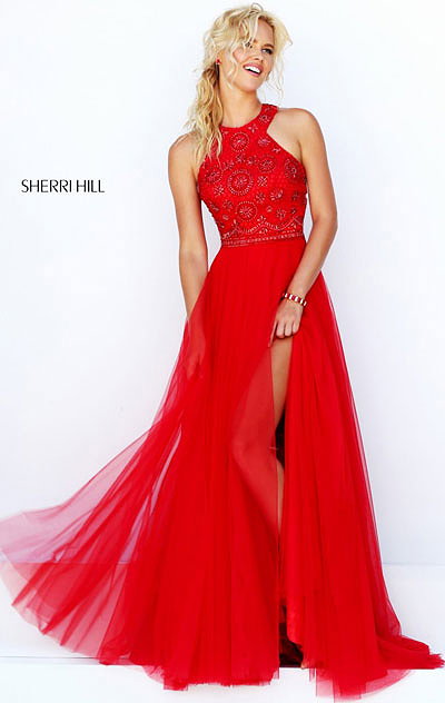 Sherri Hill 50225 Beaded Patterned Red 2016 Halter Neckline Chiffon Long Slit Prom Dresses