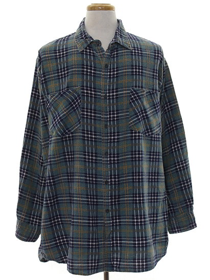 Nineties Ozark Trail Shirt: 90s -Ozark Trail- Mens soft sea foam green, midnight blue, white and gold plaid print background cotton flannel button cuff longsleeve button up front wicked 90s flannel sh