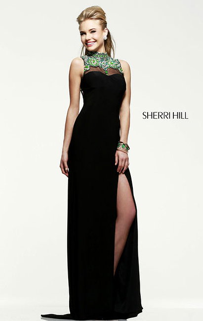 Sherri Hill 21370 Open-Back Cheap Black Close-Neck Beaded Long Prom Dresses