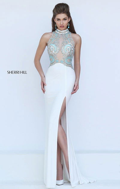 Ivory Beaded Patterned 2017 Cutout Sherri Hill 50428 High Neckline Sleeveless Satin Long Slit Evening Gown