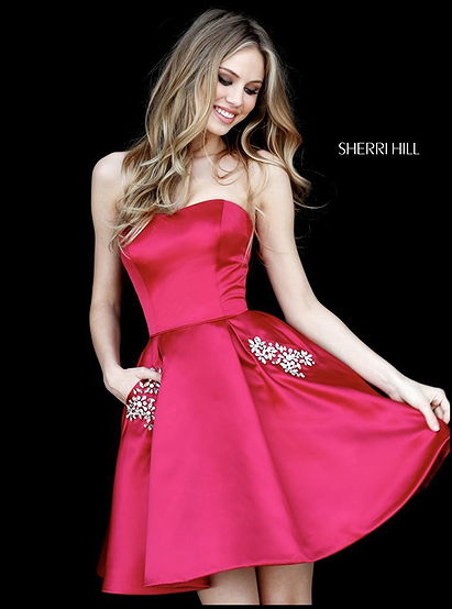 Strapless Berry 2018 Open Back Sherri Hill Short Satin Party Dresses 51390 [Sherri Hill Berry 51390] - $190.00
