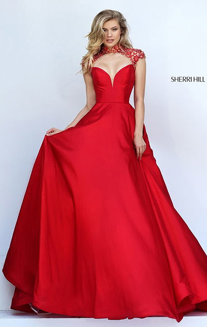 Sherri Hill 50004 Cap Sleeves 2016 Red High Neckline Cutout Beaded Patterned Long Satin Evening Dresses
