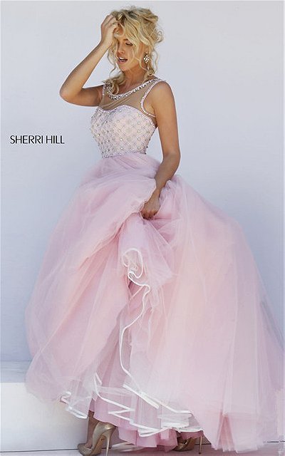 Pink Sherri Hill 50008 Boat Neck Beaded Open Back Evening Gown 2016