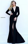 2016 Sherri Hill 50309 Black V-Neck Long Sleeved Open Back Slit Evening Dress