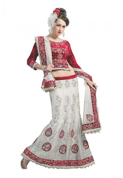 Off white Red Color Net Designer Lehenga Choli Online