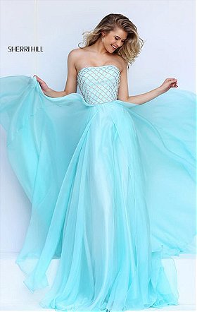 Sherri Hill 50039 Strapless Beaded Patterned 2016 Straight Neckline Light Blue Long Chiffon Evening Gown
