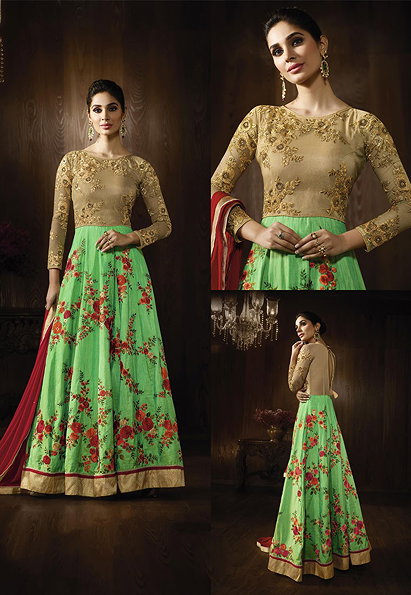 Brown & Green Color Designer Raw Silk Mother Daughter Anarkali Dress Suits