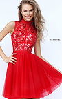 Beaded A-Line Sherri Hill 50636 High Neck Lace Red Homecoming Dress 2016