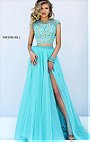 Blue Beaded Lace Appliques Sherri Hill 50110 Two Piece 2016 Open Back Cap Sleeves Tulle Long Slit Prom Dresses
