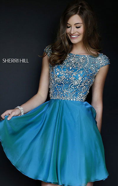 Sherri Hill 32320 Boat Neck Teal 2015 Cap Sleeves Beaded Short Bodice Homecoming Dresses