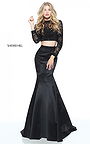 2 Piece Black Sherri Hill 51107 High Neck Beaded Full Sleeved Mermaid Gown