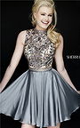 Cheap Sherri Hill 1965 Gunmetal High Neck Beaded Open Back Cocktail Dress