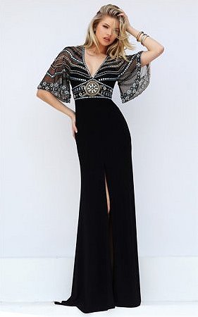 Black Sheer Beaded Sherri Hill 50591 Cutout Back Empire Slit Fitted Gown