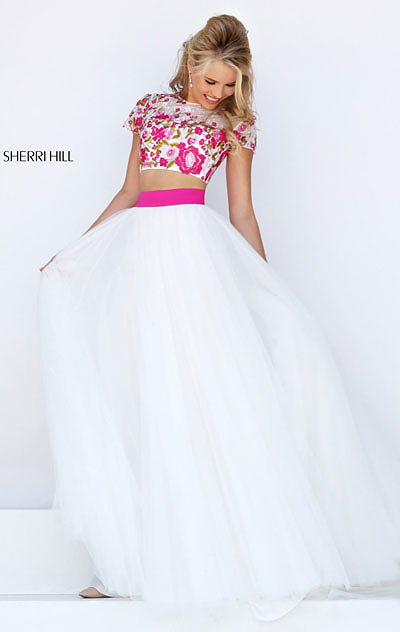 Two Piece Ivory/Fuchsia 2016 Sherri Hill 50325 Cap Sleeves Floral Beaded Long Chiffon Evening Dresses