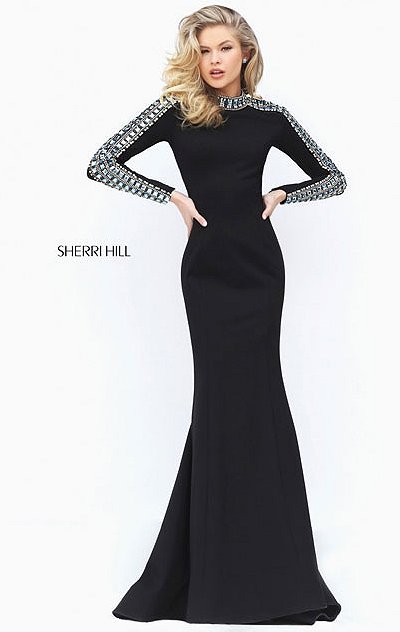 Jeweled Long Sleeves High Neckline 2017 Black Open Back Sherri Hill 50611 Long Jersey Evening Dresses