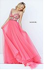 Beaded Patterned Slim Straps Sherri Hill 50474 Open Back V Neckline Coral/Multi 2017 Long Tulle Prom Dresses