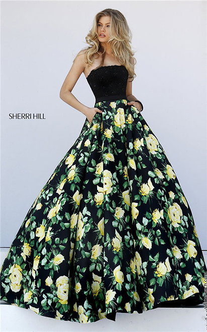 Floral Print Sherri Hill 50036 Lace Long Strapless Black Prom Dress 2017