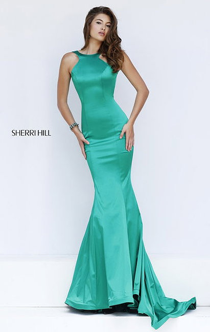 Sleeveless Sherri Hill 50044 Halter Neckline Emerald Open Back Long Satin Evening Gown 2016