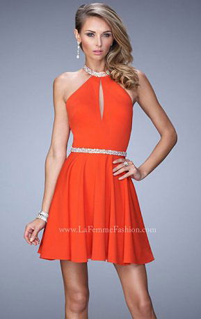 Dark Papaya Open Back Jeweled-Neck La Femme 22016 Jersey Short Bodice Homecoming Dresses 2015