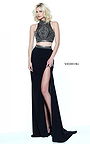 2-Piece Black Beaded Sherri Hill 50891 High Neck Cutout Slit Long Gown 2017