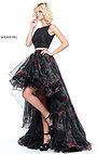 Floral Printed Two Piece Sleeveless Bateau Neckline Black 2017 Sherri Hill 51098 Pleated High Low Organza Prom Dresses