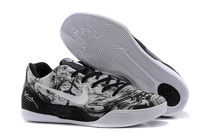 Low EM Mens Kobe 9 White Grey Black Pattern Basketball Training Shoes