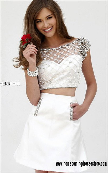 Beaded Two Piece Sherri Hill 32309 Short Ivory Homecoming Dress 2015