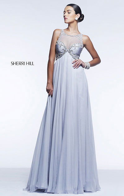 Cheap Sweetheart-Neck Sherri Hill 11111 Silver Chiffon Long Bodice Prom Dresses