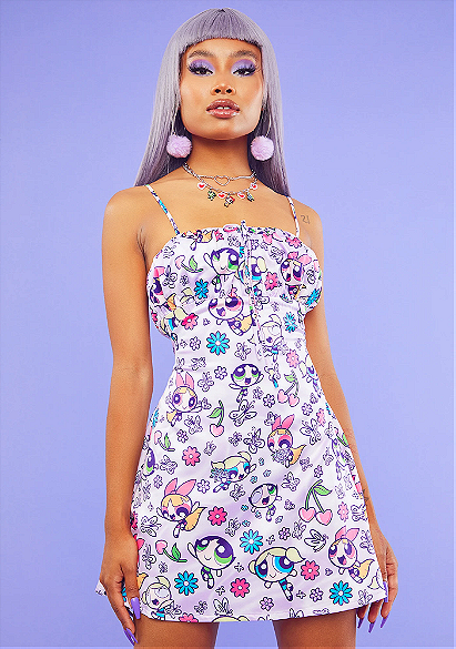 Dolls Kill X Powerpuff Girls All Over Floral Print Satin Ruched Top Mini Dress - Purple | Dolls Kill