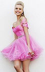 Cheap Fuchsia Sherri Hill 21192 Beaded Off Shoulder Tulle Homecoming Dress