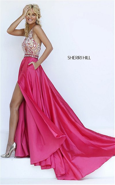 2016 Cheap Sherri Hill 50076 Halter Beaded Appliques Backless Slit Homecoming Gown