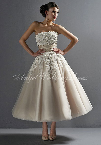 Strapless Tea Length Tulle/ Dupioni Beading/ Embroidery Wedding Dress Style WD61625 at Angelweddingdress