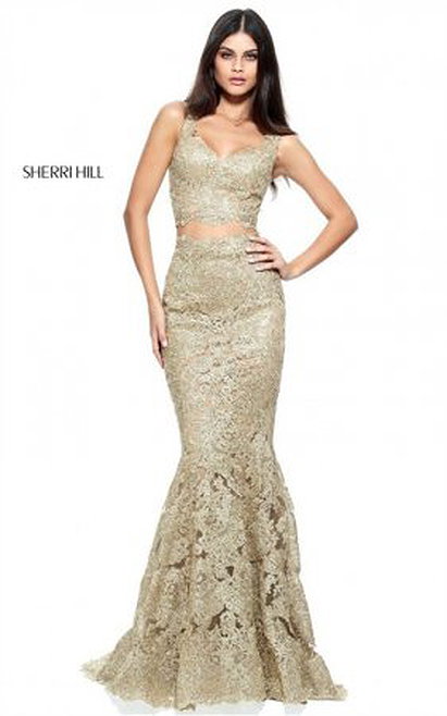 Gorgeous Lace Gold Embellished 2 PC Trumpet Gown By Sherri Hill 51192