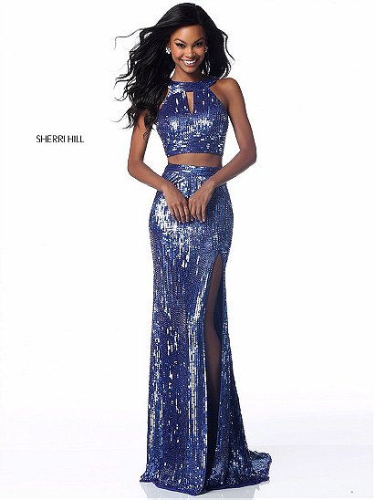 2018 Sequined Pattern Purple Sherri Hill 51756 Long Fitted Prom Dresses 2 Piece