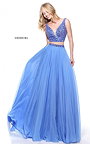 2017 Periwinkle Crystals Sherri Hill 51008 Plunged Long 2 PC Prom Dress
