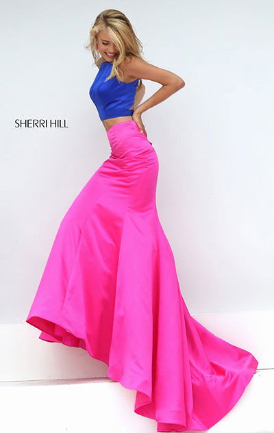 Sherri Hill 50120 Sleeveless Royal/Fuchsia 2016 Two Piece Cutout Bateau Neckline Long Satin Mermaid Gown