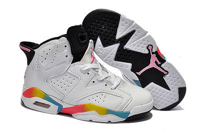 Nike Kids AJ VI (6) Shoes : White/Pink Flash Volt/Marine Blue - 