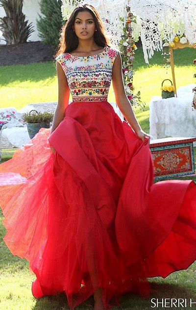 Boat Neckline Beaded Sherri Hill 50335 Floral Printed Cap Sleeves Red/Multi 2016 Long Chiffon Evening Gown