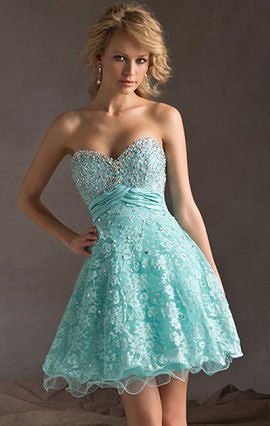 Aqua Beaded Pleated Short Lace Cocktail Dresses Mori Lee 9242 Sweetheart-Neck 2015