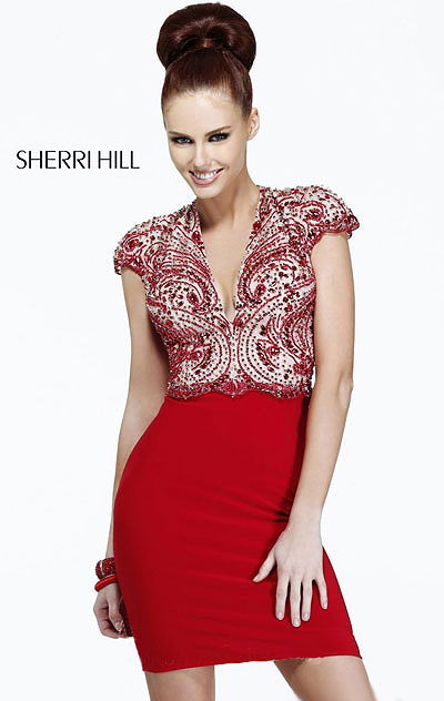 2014 Sherri Hill 21208 V-neck Beaded Red Short Bodice Cocktail Dress