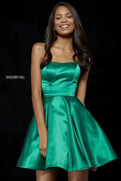 Strapless 52397 Sherri Hill Emerald 2018 Satin Homecoming Dresses A-Line [Sherri Hill 52397 Emerald] - $180.00