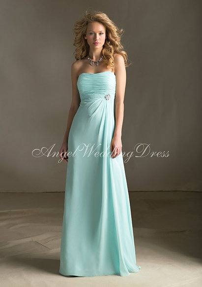 Strapless Floor Length Chiffon A line Summer Bridesmaids Gowns at Angelweddingdress