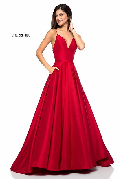 Sherri Hill 51822 Plunging V Neck A Line Long Taffeta Prom Dresses 2018 Red