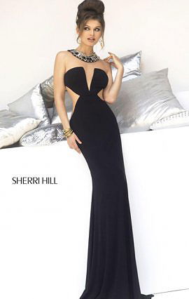Halter-Neck Sherri Hill 4329 Deep V-Neck 2014 Black Long Bodice Evening Gowns