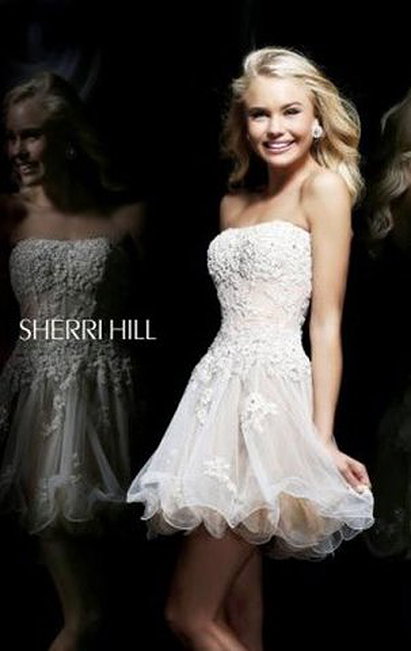 Beaded Sherri Hill 11062 Ivory/Nude Tulle Floral Strapless Short Prom Dress 2014