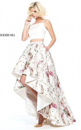 2017 Multi Printed 51205 Sherri Hill Ivory Floral 2 PC Cute Hi-Low Prom Dress