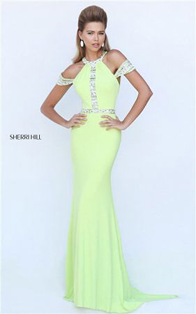 2016 Lime Halter Straps Open Back Beaded Slim Prom Dress Sherri Hill 50341