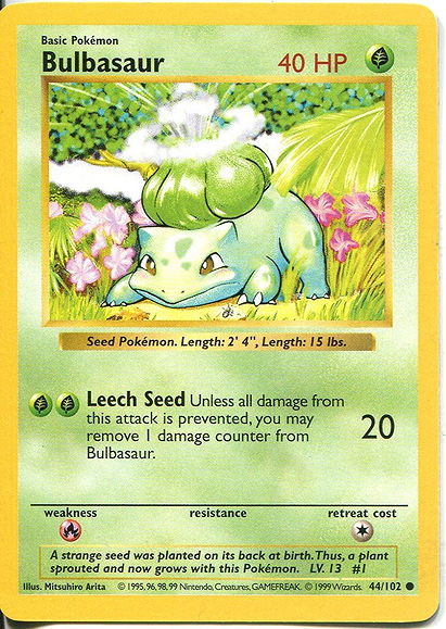 Pokemon Base Set Shadowless Common Card #44/102 Bulbasaur