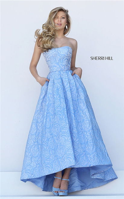 2017 Prom Strapless Sherri Hill 50436 Blue Floral High Low Style Gown