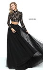 2-Piece Sherri Hill 50821 Black Open Back Lace Long Sleeved Slit Dress 2017